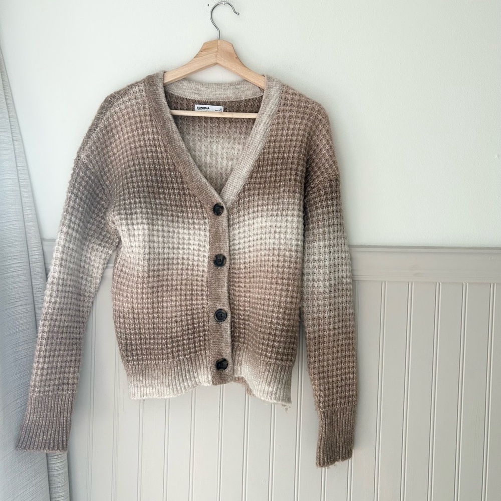 Sonoma Medium Tan Brown Cream Striped Waffle Knit Button Cardigan Cozy